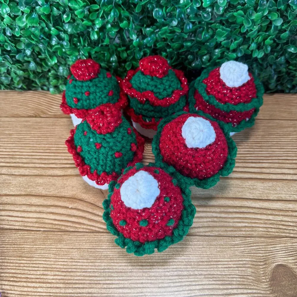 Bundle of 6 Handmade Crochet Christmas Red & Green Cupcake Holiday Decor Gift